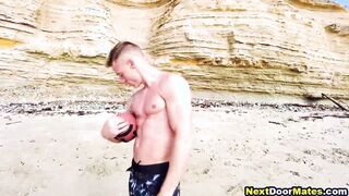 Muscular gay jocks work out on a beach & fuck