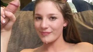 Cute slut takes dick in mouth, twat and ass then jizzed on after sucking 2 dicks