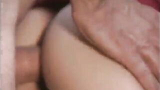 An older man caresses his fingers and tongue on the horny pussy of a cute brunette and fucks her in the anal hole